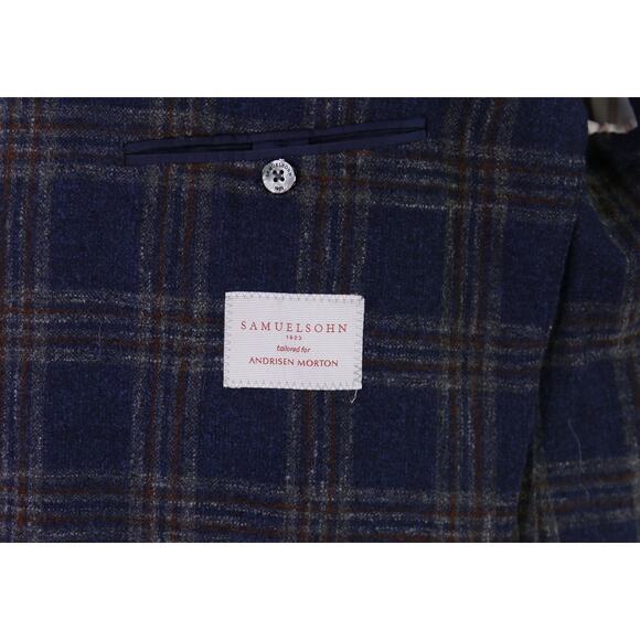 Samuelsohn Blue Brown Plaid Wool Knit Plaid Windowpane Patch Pocket Blazer 48L - Picture 9 of 11